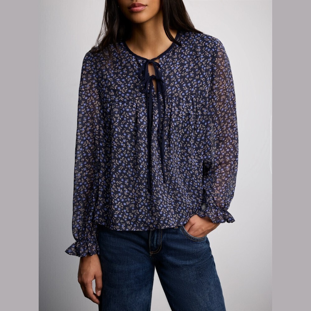 Navy Floral Sheer Tie Neck Ruffle Cuff Long Sleeve Blouse